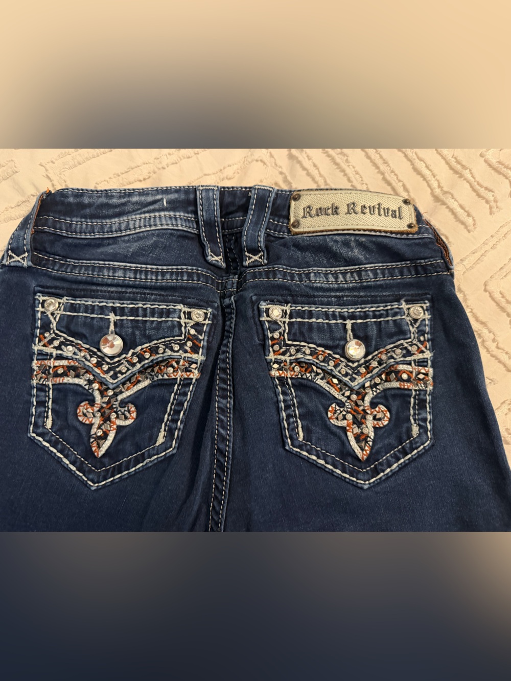 Rock Revival Dark Blue Boot Cut Jeans with Embellished Back Pockets